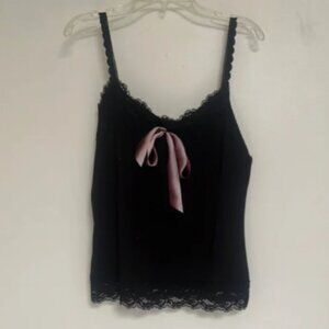 Anna Sui Black Lingerie Deco Tank Camisole with Pink Bow L